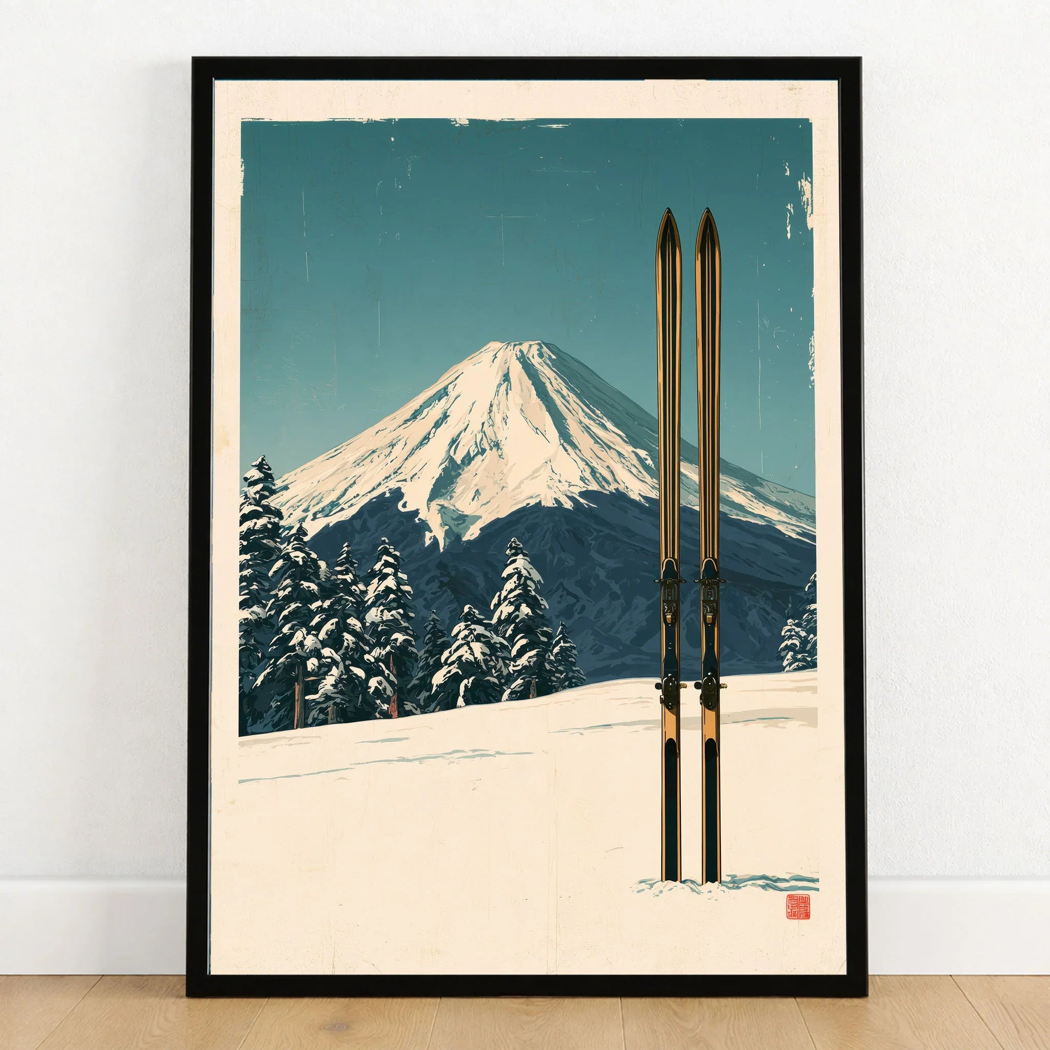Mount Fuji Ski Poster – Vintage Japanese Alpine Print — art print in black frame on wooden floor