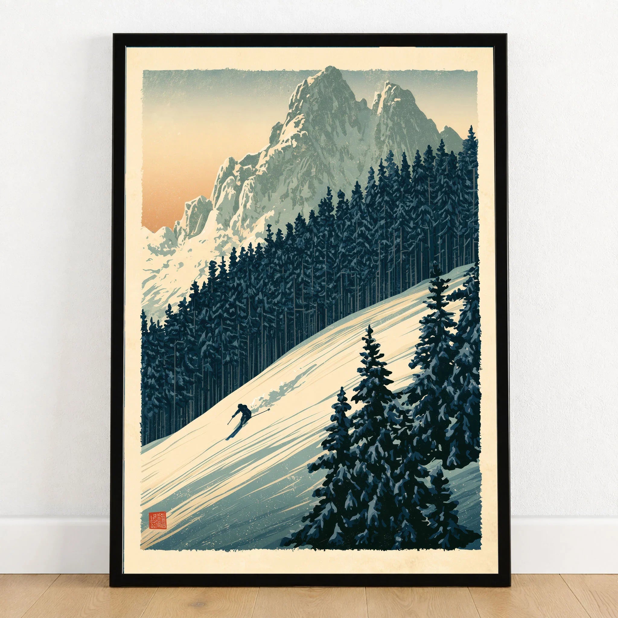 Alpine Ski Poster – Vintage Mountain Forest Wall Art — art print in black frame on wooden floor