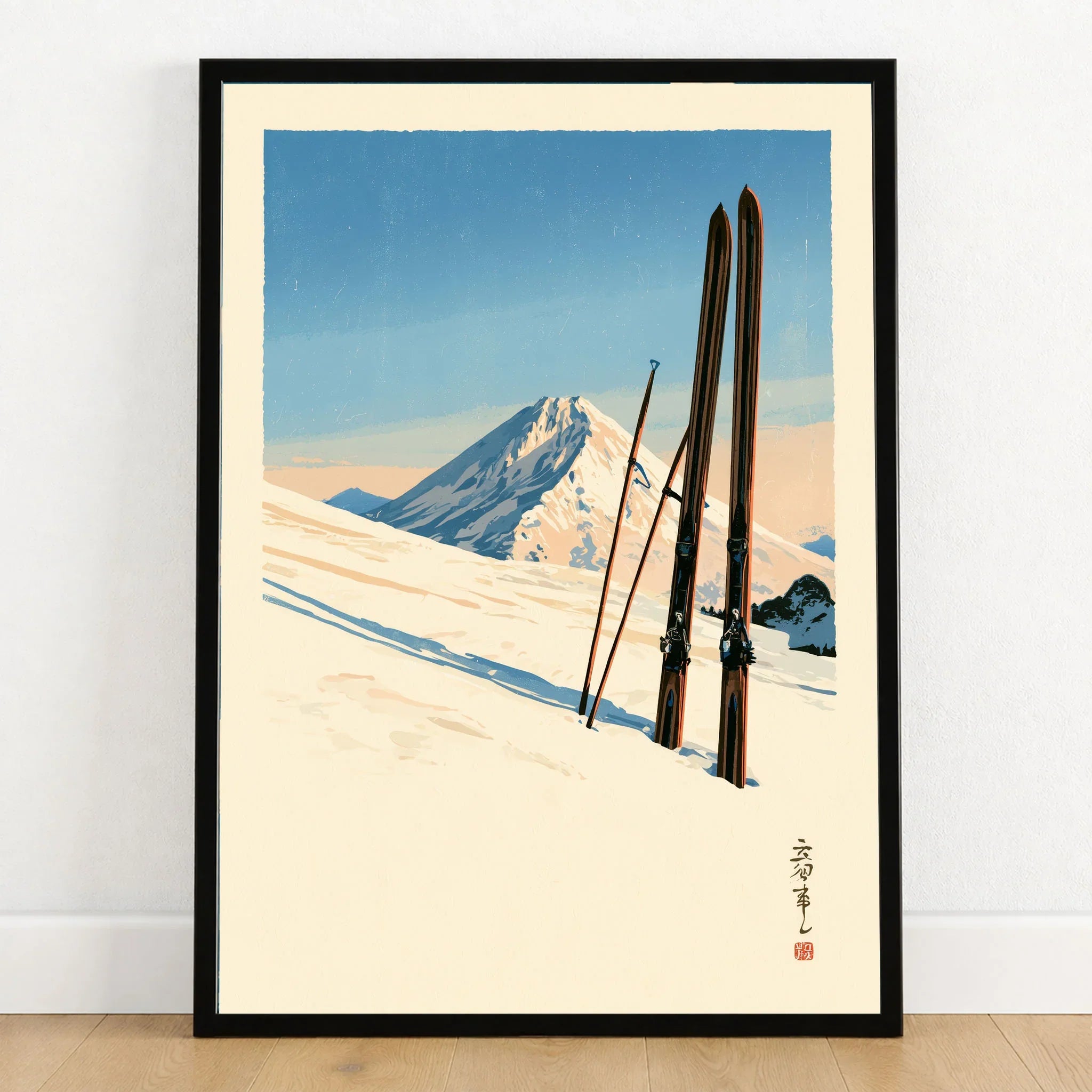 Vintage Ski Print – Japanese Woodblock Mountain Wall Art — art print in black frame on wooden floor