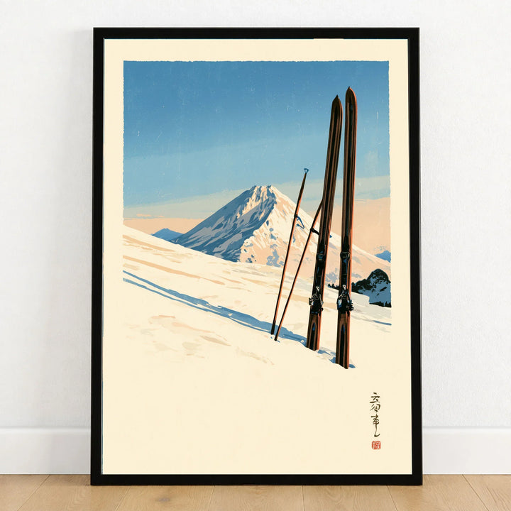 Vintage Ski Print – Japanese Woodblock Mountain Wall Art — art print in black frame on wooden floor