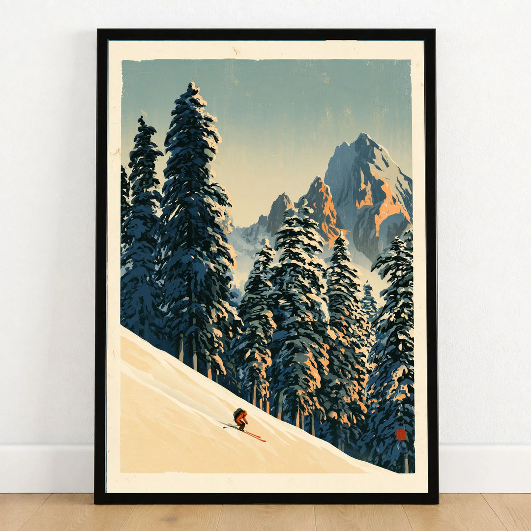 Ski Run Art Print – Vintage Alpine Forest Wall Art — art print in black frame on wooden floor