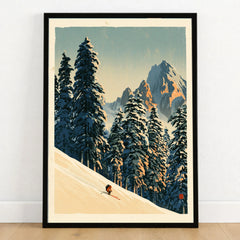 Ski Run Art Print – Vintage Alpine Forest Wall Art — art print in black frame on wooden floor