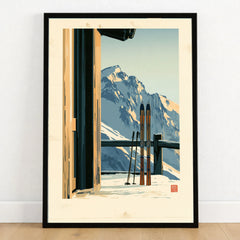 Chalet Ski Poster – Vintage Alpine Balcony Wall Art — art print in black frame on wooden floor