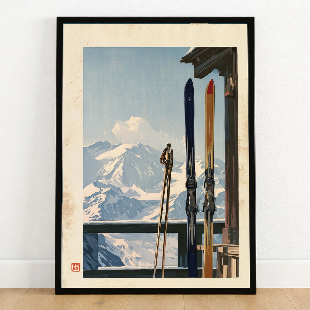 Vintage Skis Art Print – Alpine Chalet Balcony Wall Art — art print in black frame on wooden floor