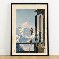 Vintage Skis Art Print – Alpine Chalet Balcony Wall Art — art print in black frame on wooden floor