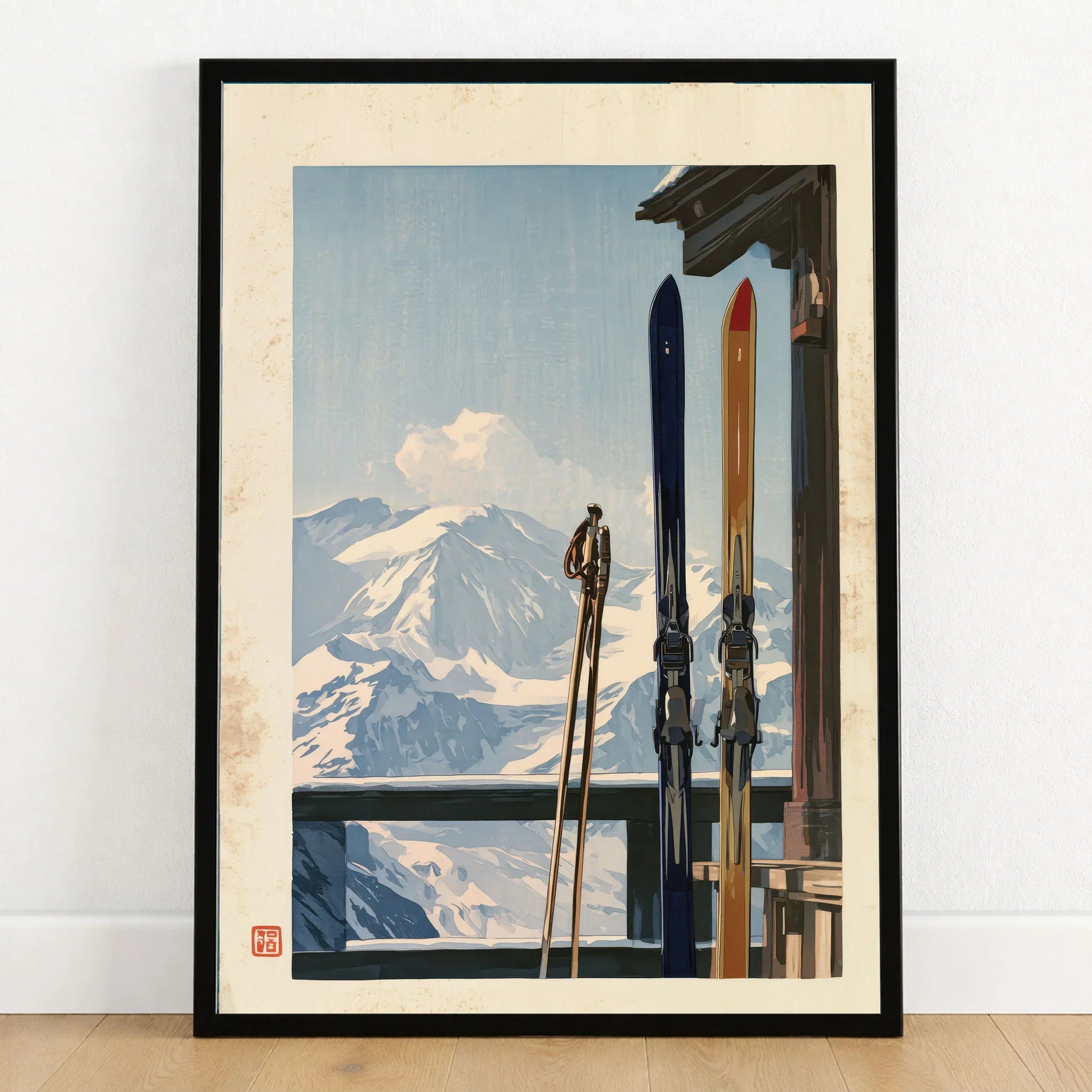 Vintage Skis Art Print – Alpine Chalet Balcony Wall Art — art print in black frame on wooden floor