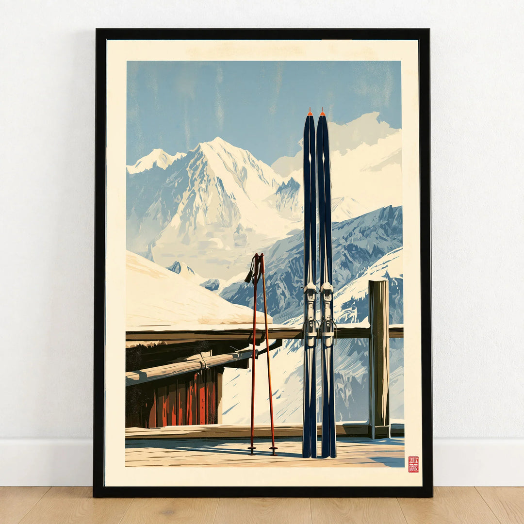 Retro Ski Poster – Vintage Skis Alpine Wall Art — art print in black frame on wooden floor