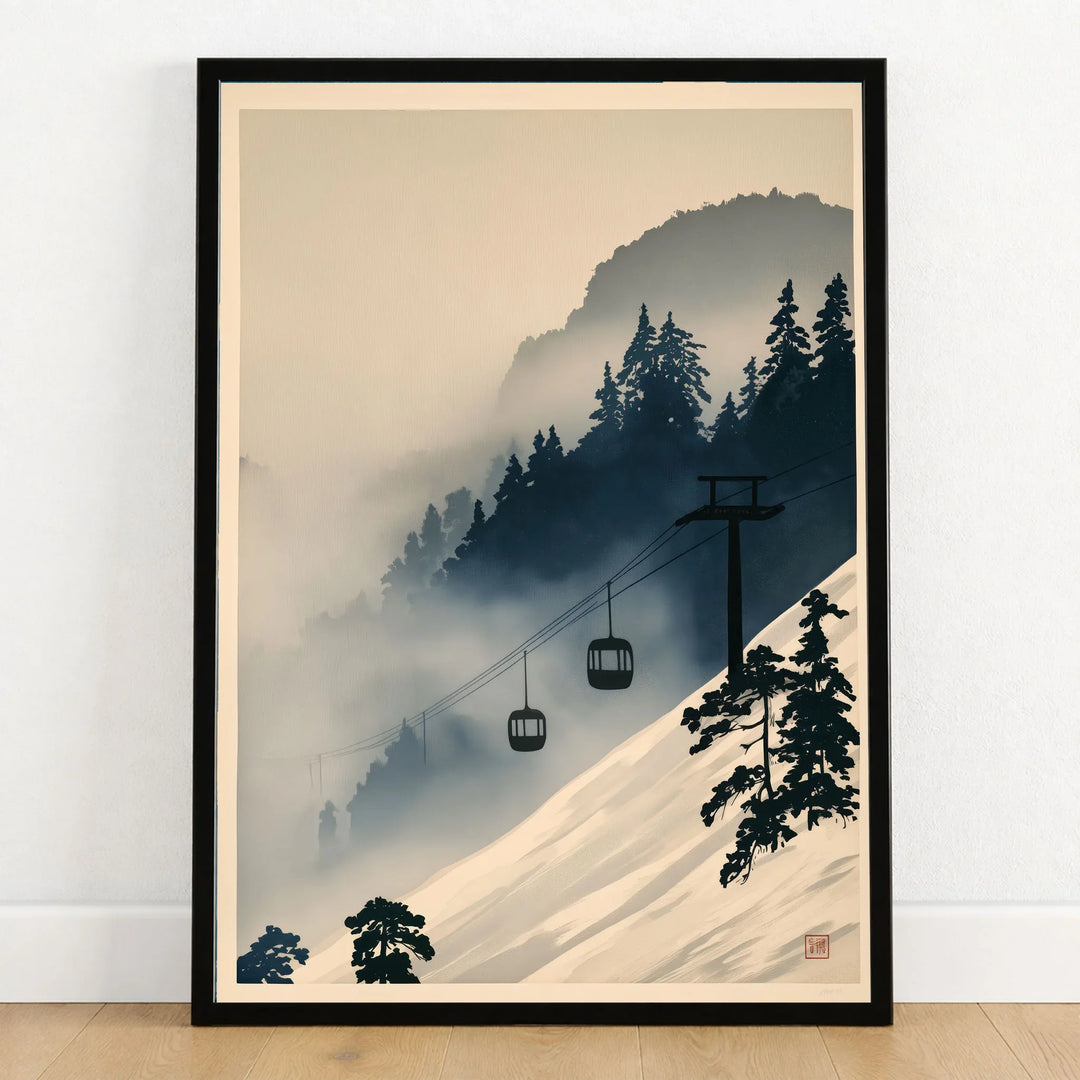 Ski Lift in Mist Print – Vintage Alpine Wall Art — art print in black frame on wooden floor