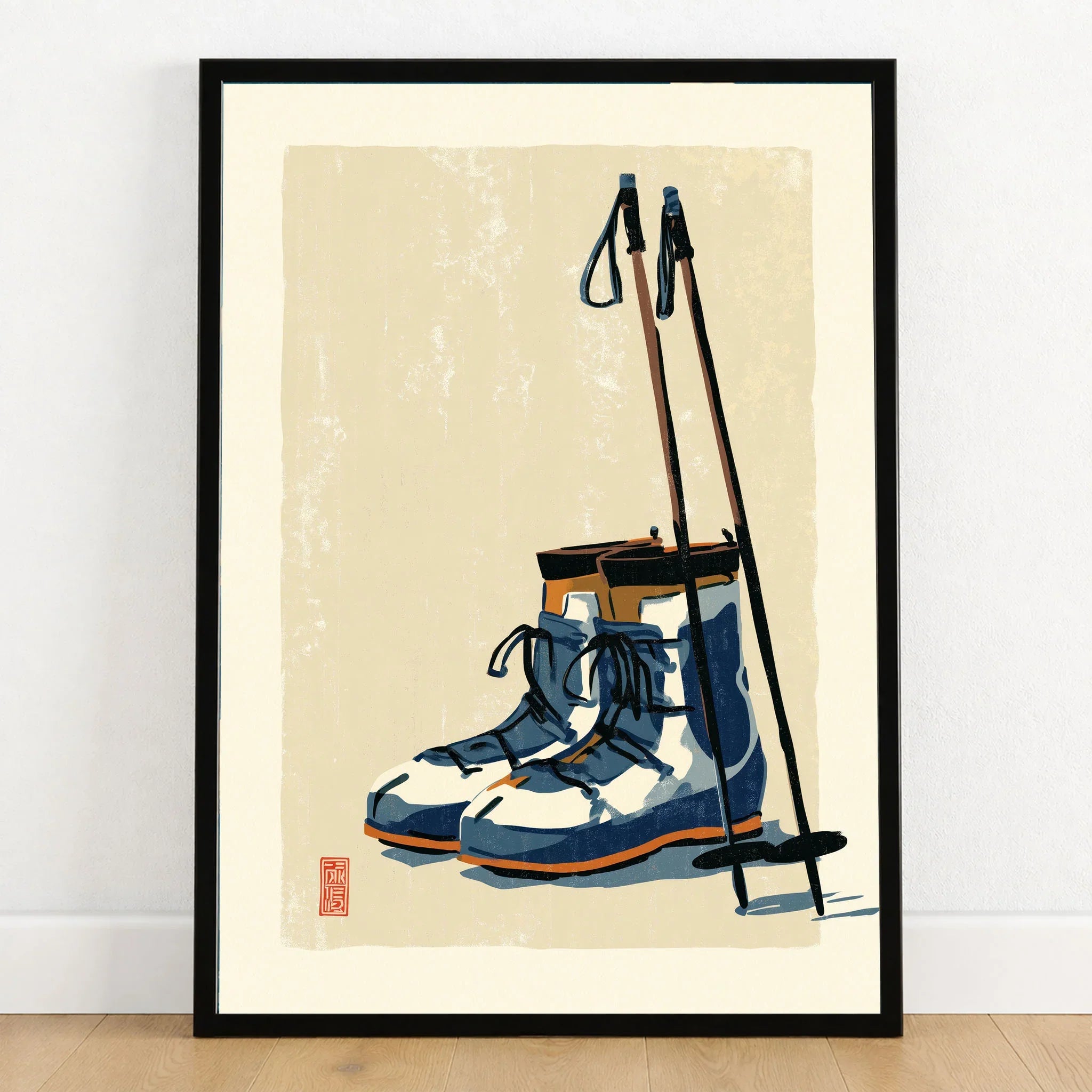 Vintage Ski Boots Art Print – Retro Ski Poster Wall Art — art print in black frame on wooden floor