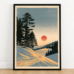 Ski Sunset Poster – Vintage Japanese Alpine Wall Art — art print in black frame on wooden floor