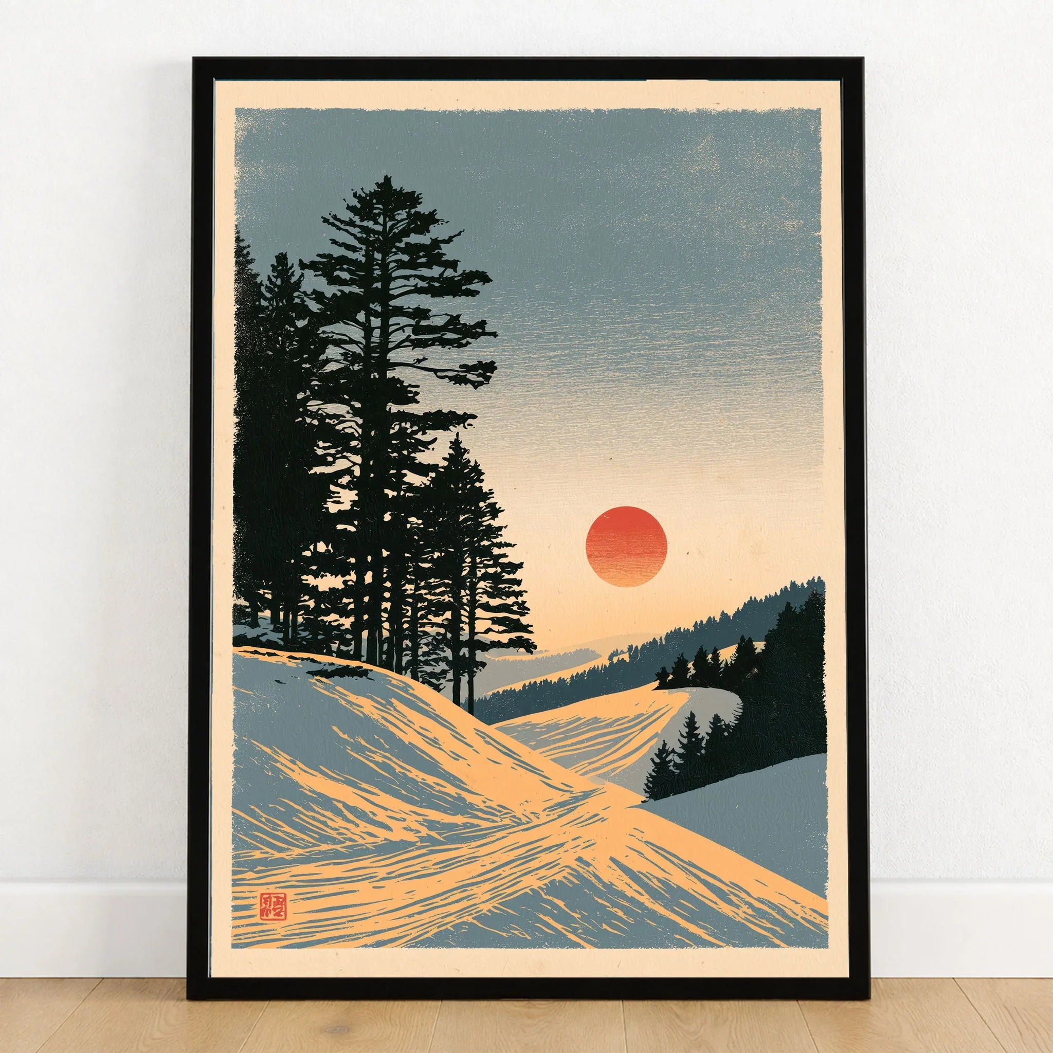 Ski Sunset Poster – Vintage Japanese Alpine Wall Art — art print in black frame on wooden floor