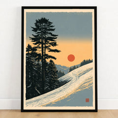 Winter Sunset Ski Print – Vintage Alpine Wall Art — art print in black frame on wooden floor