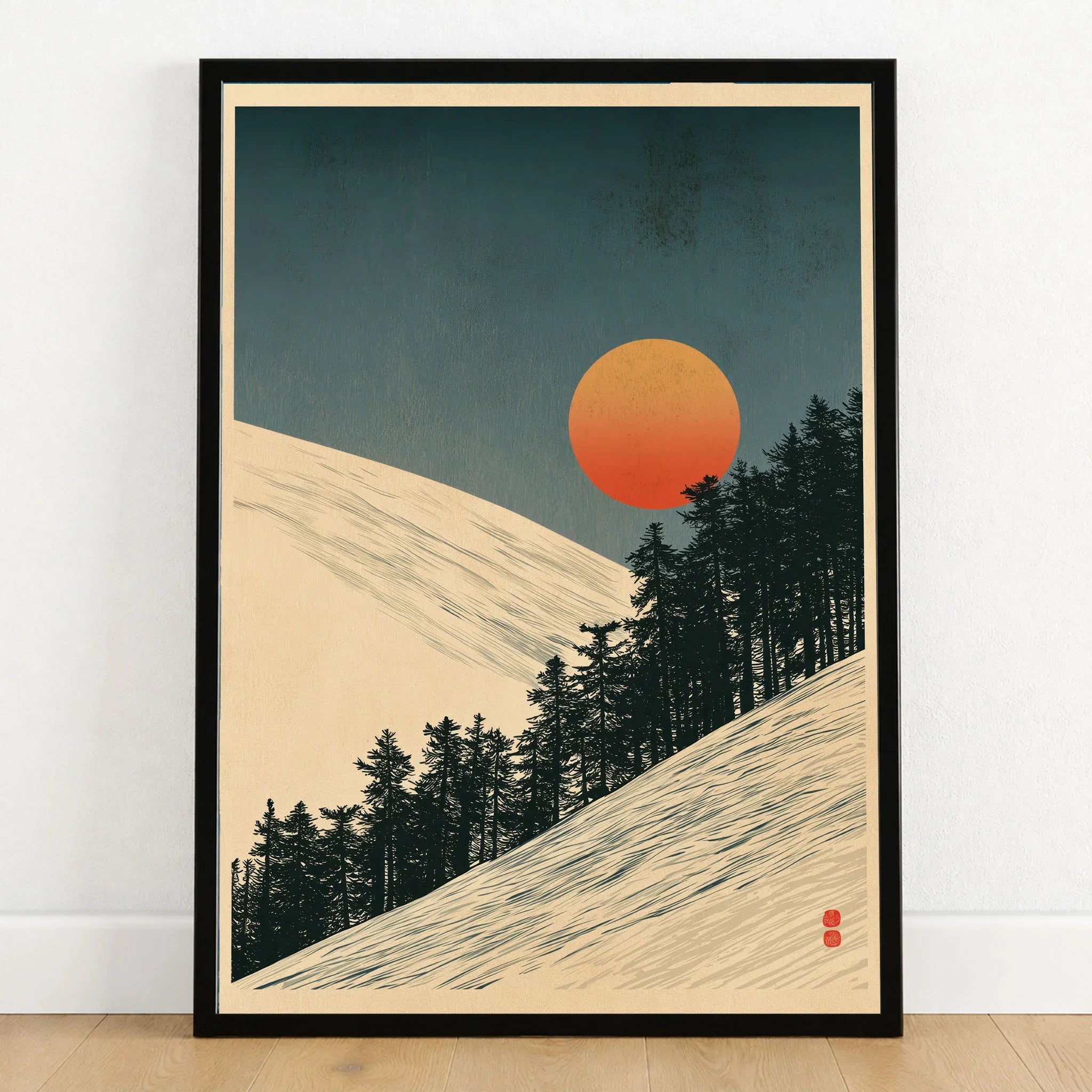 Ski Slope Art Print – Vintage Winter Sunset Wall Art — art print in black frame on wooden floor