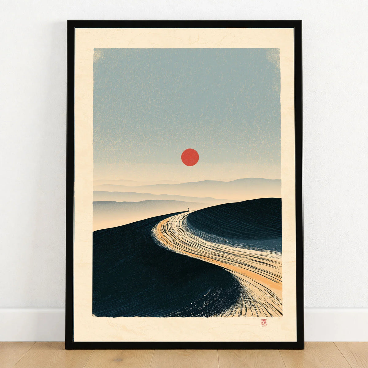 Minimalist Ski Poster – Japanese Red Sun Snow Wall Art — art print in black frame on wooden floor