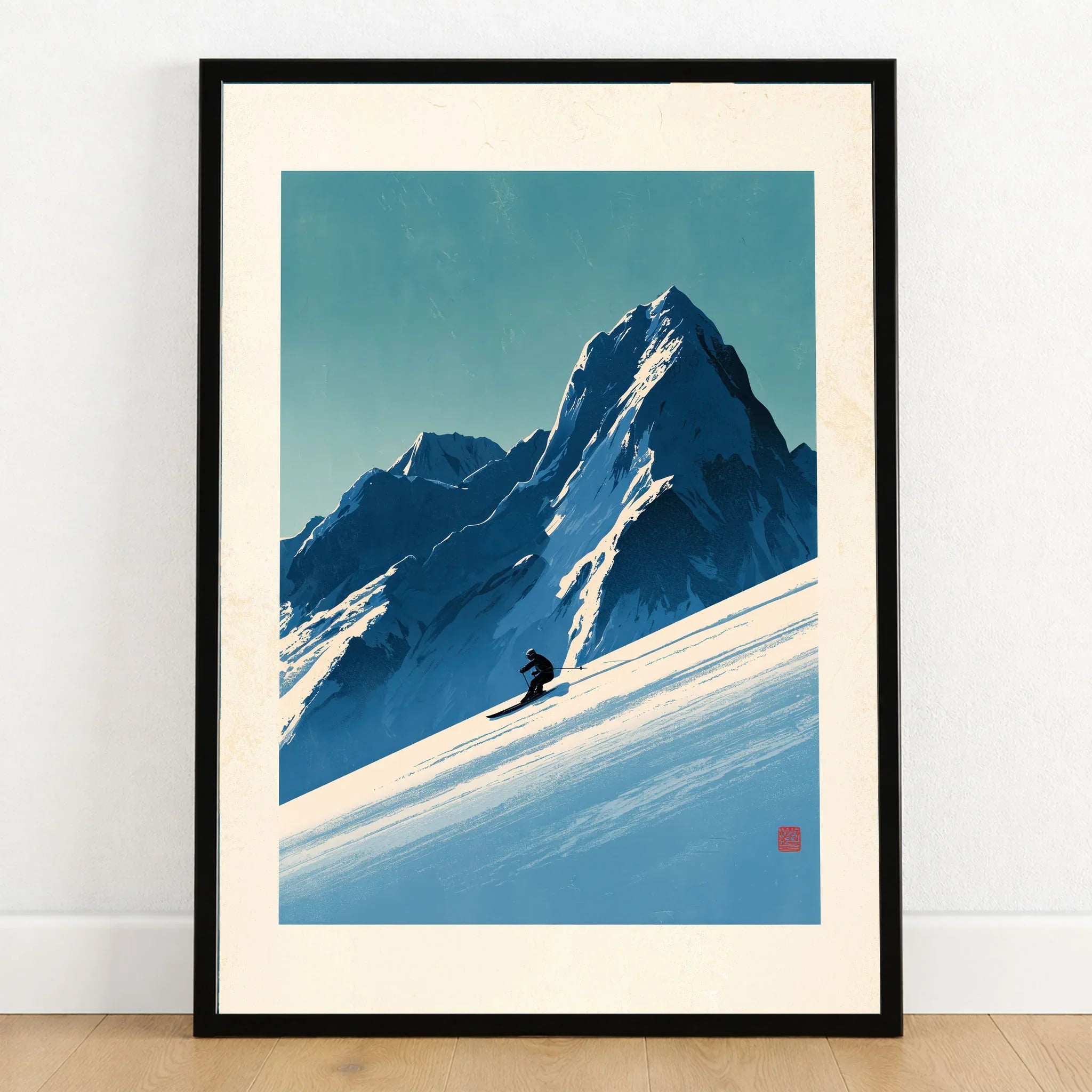 Ski Poster – Vintage Japanese Alpine Skiing Wall Art — art print in black frame on wooden floor