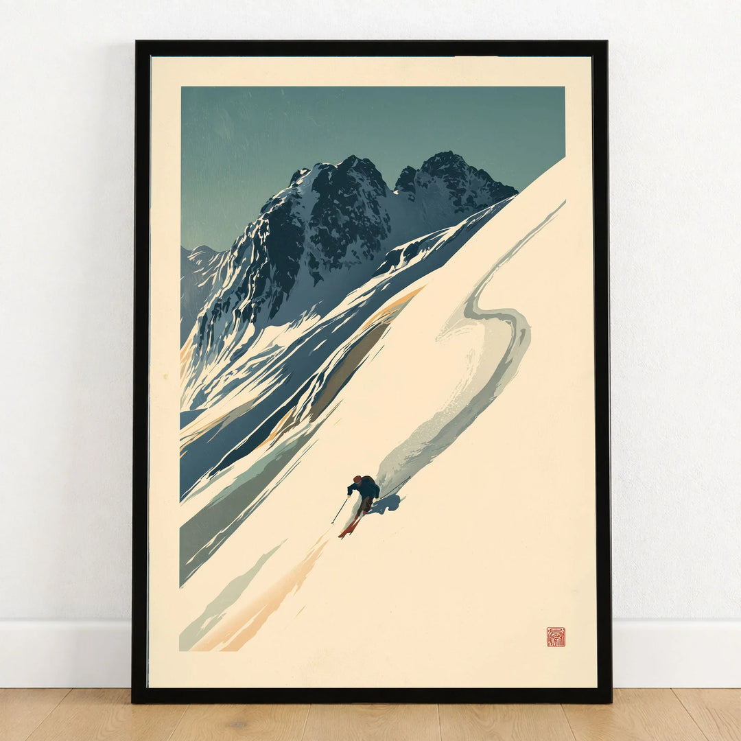 Downhill Skier Art Print – Vintage Ski Poster Wall Art — art print in black frame on wooden floor