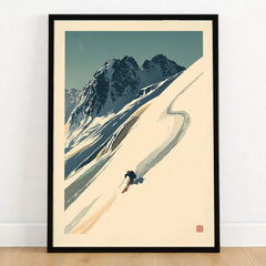 Downhill Skier Art Print – Vintage Ski Poster Wall Art — art print in black frame on wooden floor