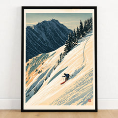 Powder Skiing Poster – Vintage Alpine Ski Wall Art — art print in black frame on wooden floor