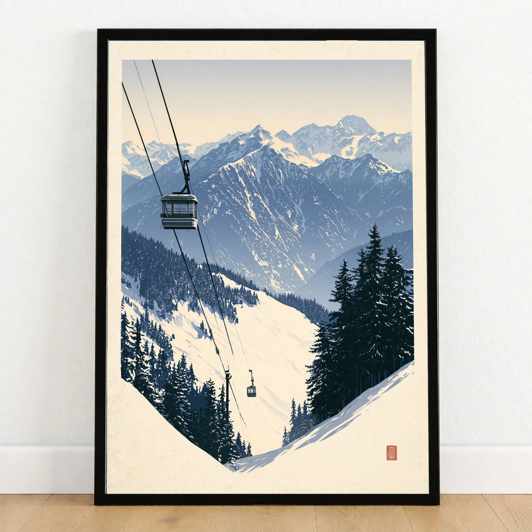 Ski Gondola Poster – Vintage Alpine Cable Car Wall Art — art print in black frame on wooden floor