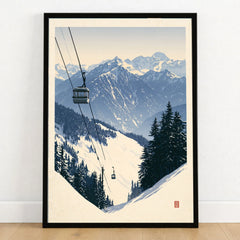 Ski Gondola Poster – Vintage Alpine Cable Car Wall Art — art print in black frame on wooden floor