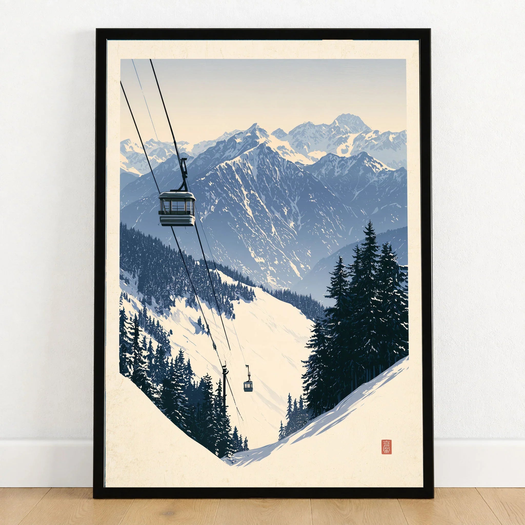 Ski Gondola Poster – Vintage Alpine Cable Car Wall Art — art print in black frame on wooden floor