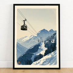 Ski Lift Art Print – Vintage Alpine Gondola Wall Art — art print in black frame on wooden floor