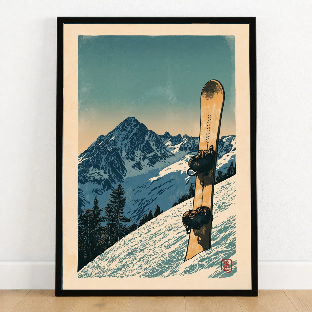 Vintage Snowboard Poster – Alpine Mountain Wall Art — art print in black frame on wooden floor