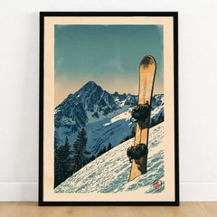 Vintage Snowboard Poster – Alpine Mountain Wall Art — art print in black frame on wooden floor
