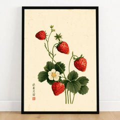 Strawberry Art Print – Vintage Japanese Botanical Wall Art — art print in black frame on wooden floor