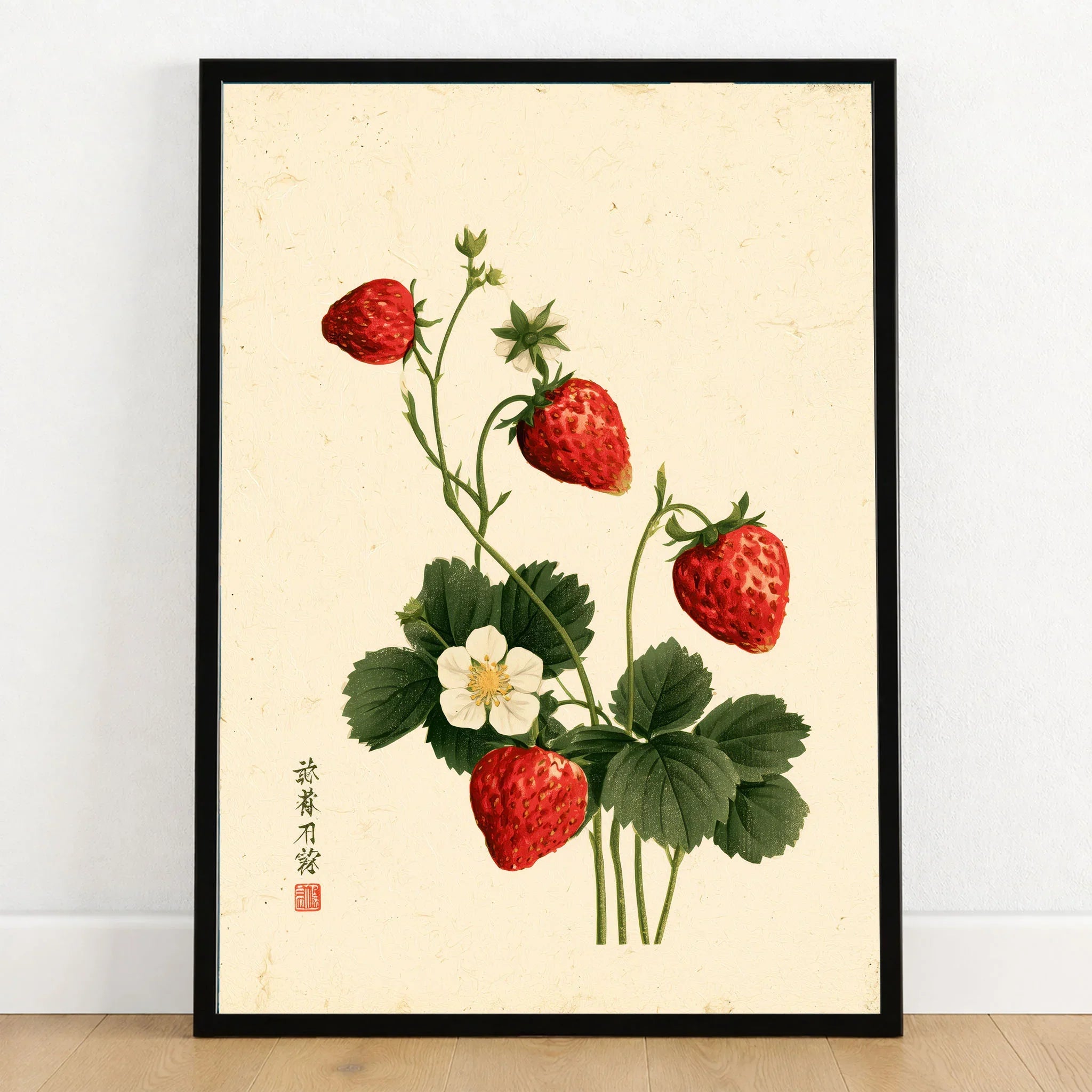 Strawberry Art Print – Vintage Japanese Botanical Wall Art — art print in black frame on wooden floor