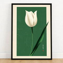 White Tulip Art Print – Green Japanese Botanical Wall Art — art print in black frame on wooden floor