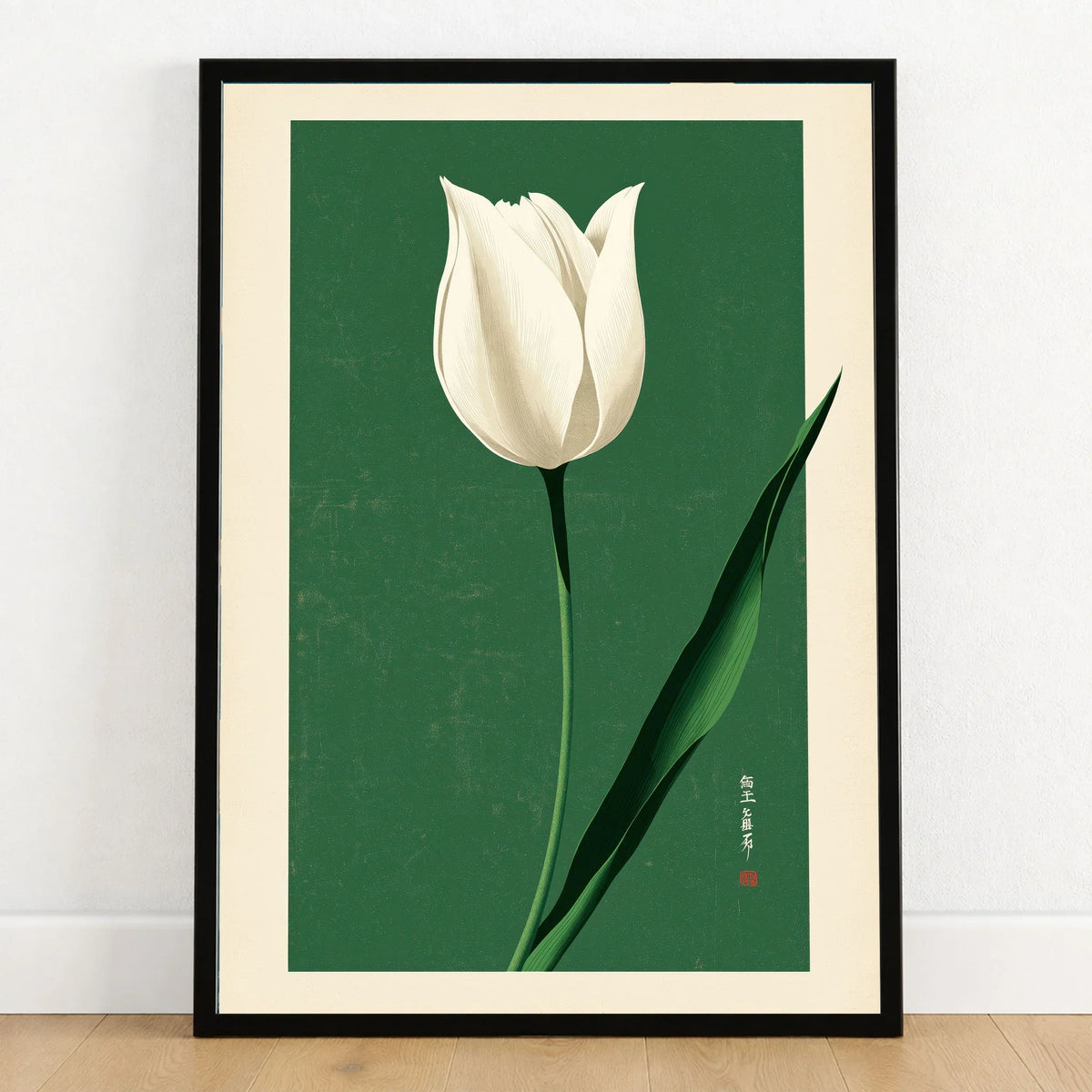 White Tulip Art Print – Green Japanese Botanical Wall Art — art print in black frame on wooden floor