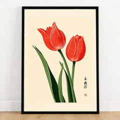 Tulip Art Print – Vintage Japanese Flower Wall Art — art print in black frame on wooden floor