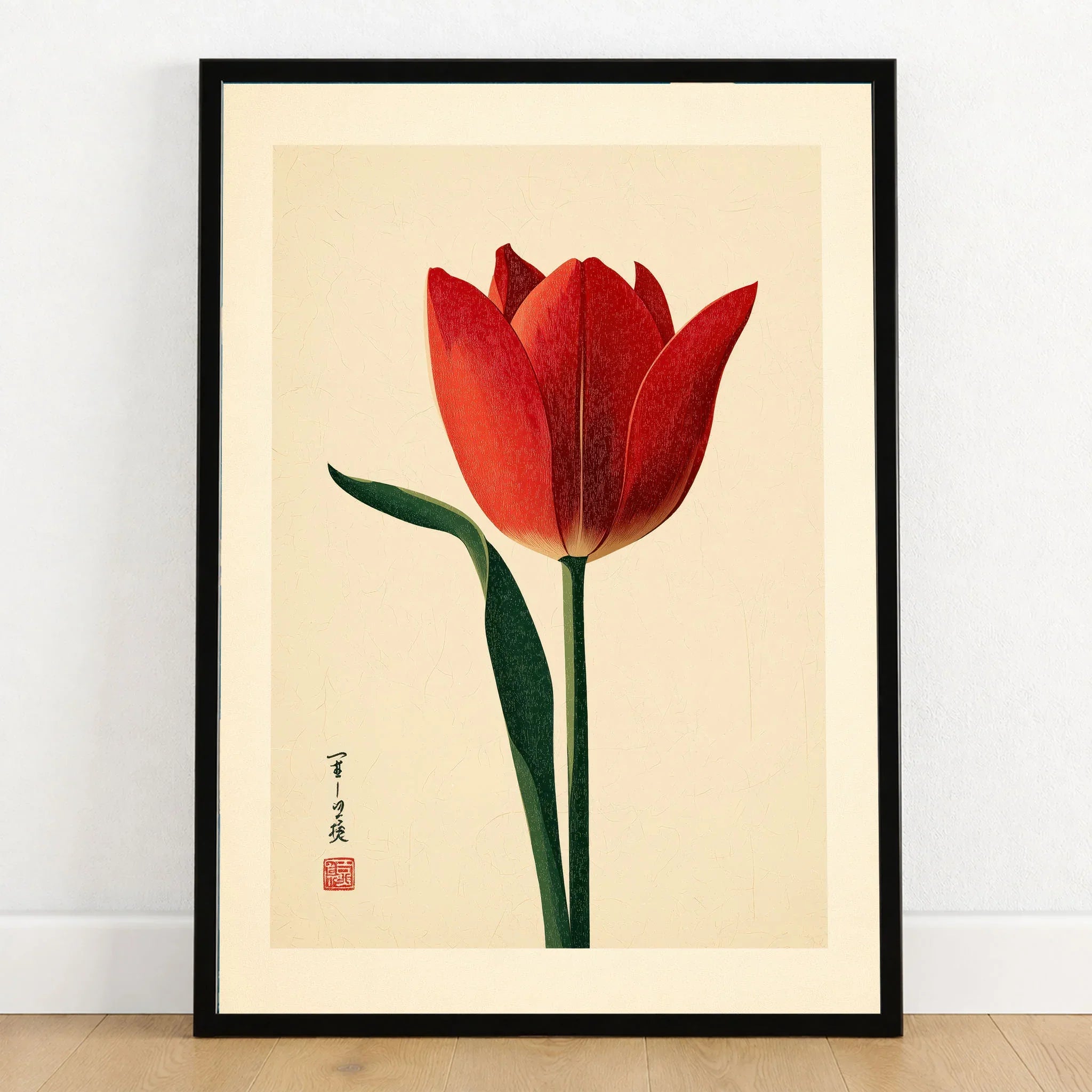 Deep Red Tulip Wall Art – Japanese Botanical Print — art print in black frame on wooden floor