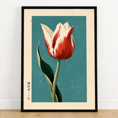 Striped Tulip Art Print – Blue Japanese Botanical Wall Art — art print in black frame on wooden floor