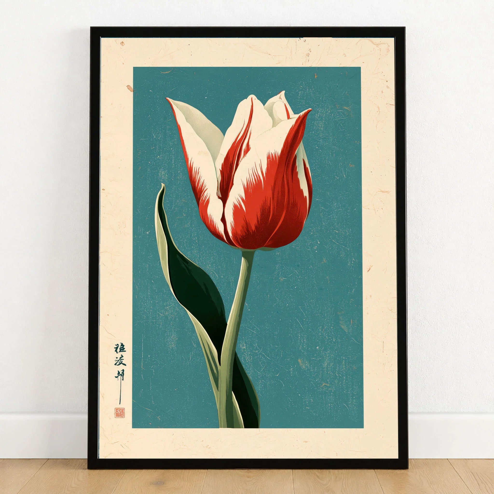 Striped Tulip Art Print – Blue Japanese Botanical Wall Art — art print in black frame on wooden floor