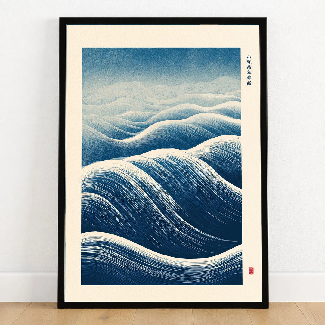 Ocean Wave Art Print – Blue Japanese Woodblock Wall Art — art print in black frame on wooden floor