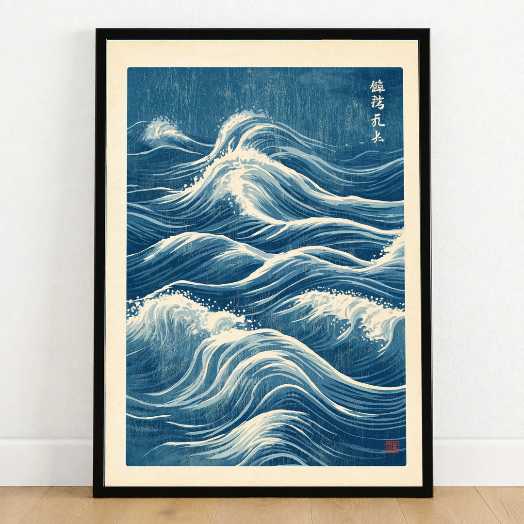 Japanese Waves Wall Art – Vintage Blue Ocean Print — art print in black frame on wooden floor