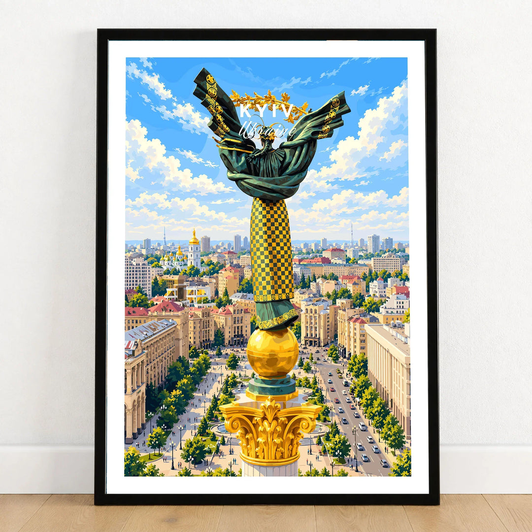 Kyiv Ukraine Independence Monument Travel Poster — the Independence Monument rising above Maidan Nezalezhnosti and the Kyiv skyline, shown as art print in black frame on wooden floor