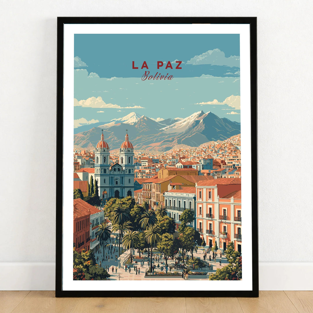 La Paz Travel Print - Bolivia Wall Art in a black wooden frame leaning against a white wall on a light wooden floor