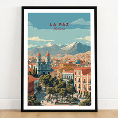 La Paz Travel Print - Bolivia Wall Art in a black wooden frame leaning against a white wall on a light wooden floor