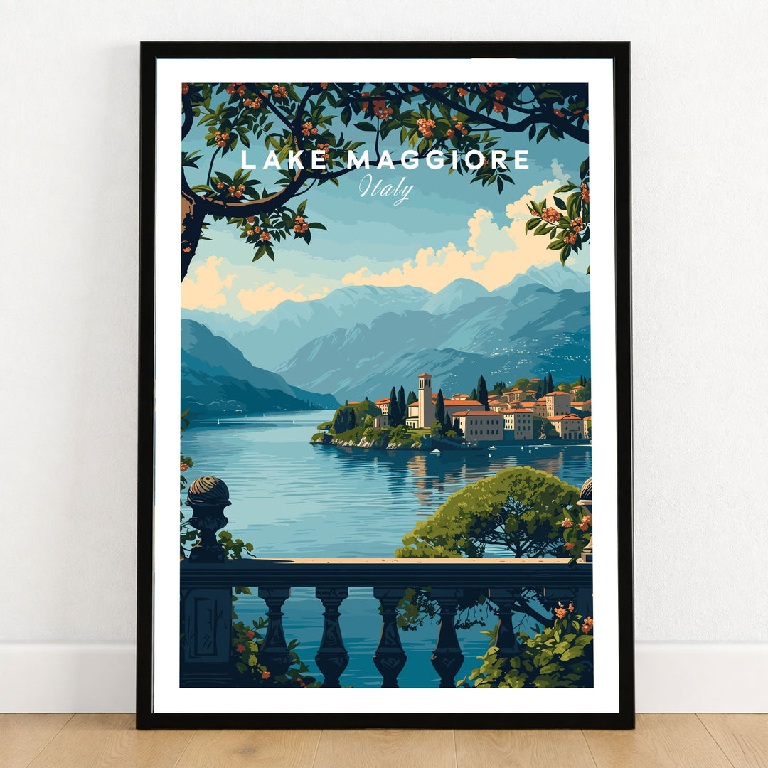 Lake Maggiore Travel Poster in a black wooden frame leaning against a white wall on a light wooden floor