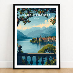 Lake Maggiore Travel Poster in a black wooden frame leaning against a white wall on a light wooden floor