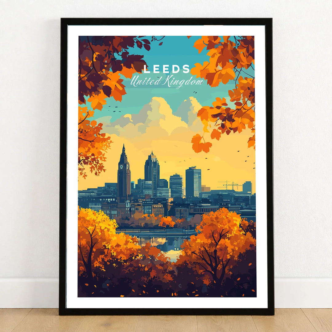 Leeds Wall Art Print - United Kingdom Travel Poster in a black wooden frame leaning against a white wall on a light wooden floor