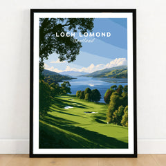 Loch Lomond Scotland Summer Shore Travel Poster — a sunlit grassy shoreline running down to Loch Lomond under old oaks, shown as art print in black frame on wooden floor