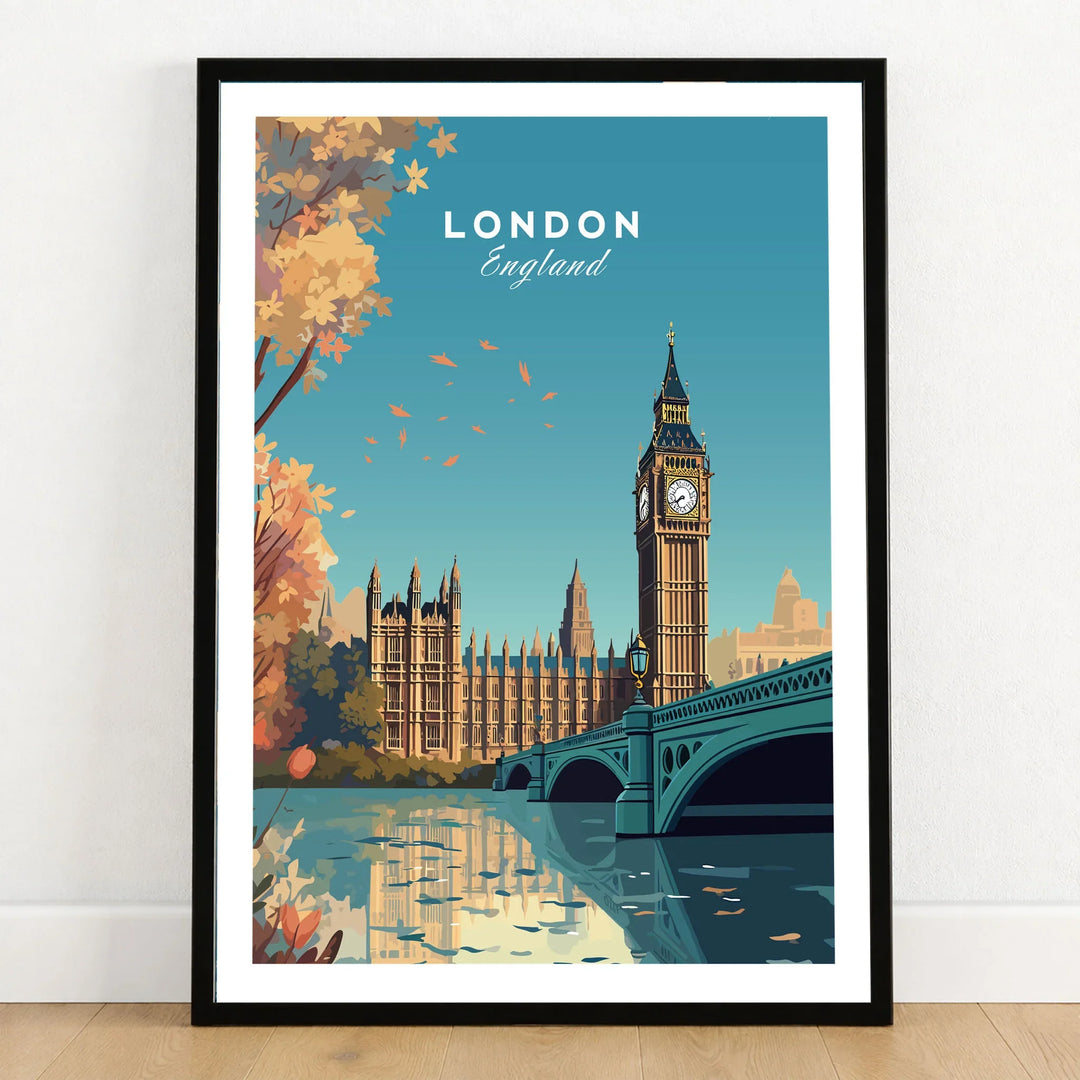 London Wall Art Print in a black wooden frame leaning against a white wall on a light wooden floor