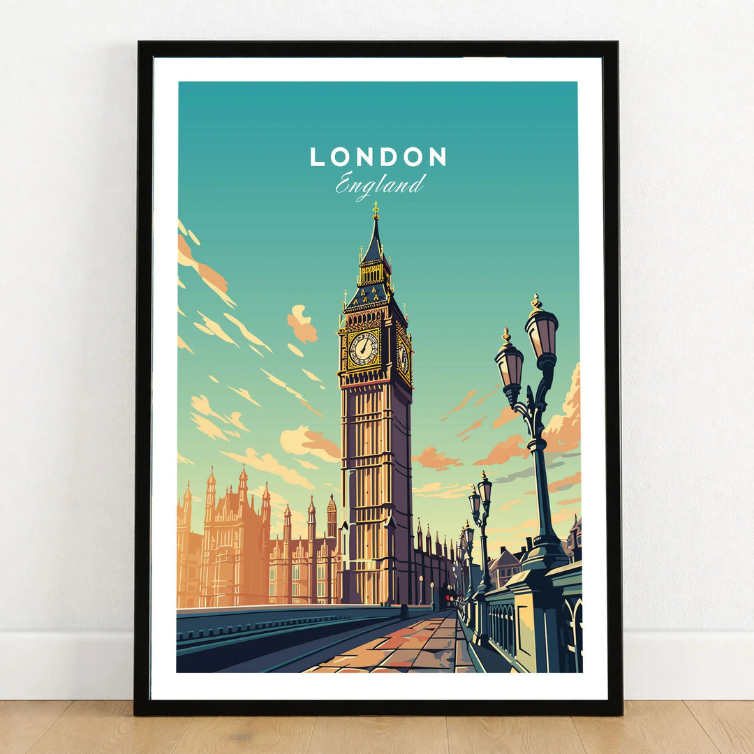 London Poster Big Ben in a black wooden frame leaning against a white wall on a light wooden floor