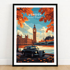 London Wall Art in a black wooden frame leaning against a white wall on a light wooden floor