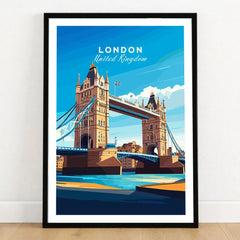 London Print England in a black wooden frame leaning against a white wall on a light wooden floor