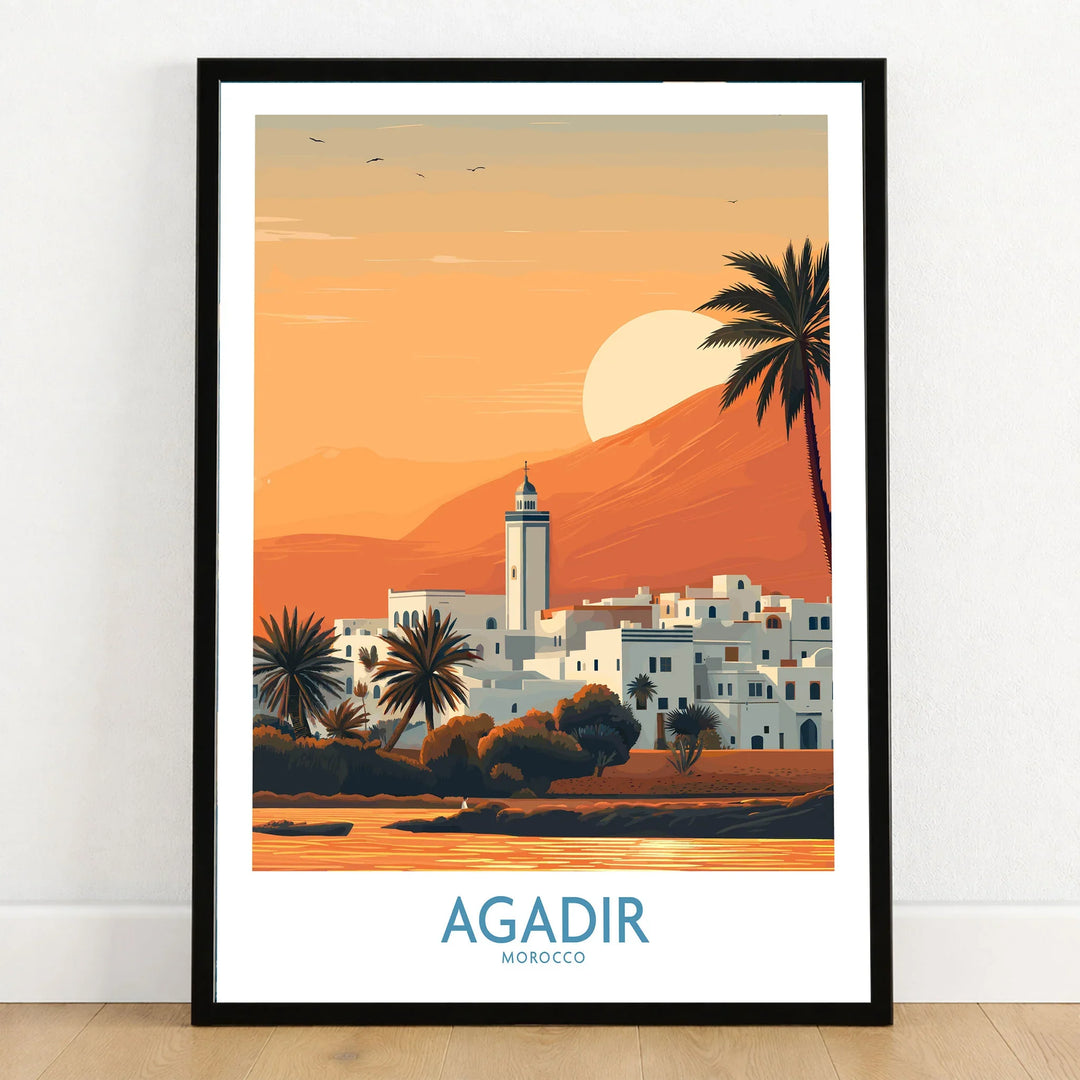 Agadir Morocco Print – Minimalist Palm Tree Wall Decor in a black wooden frame leaning against a white wall on a light wooden floor